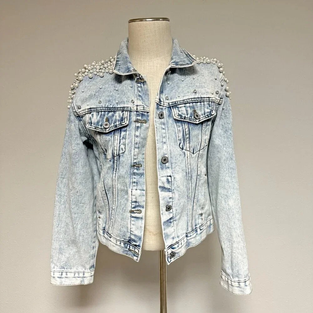 Pearls Beaded Denim Jacket - Picture 2 of 9